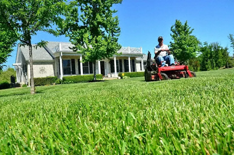 Riding mower cutting a wide green lawn in front of a house
